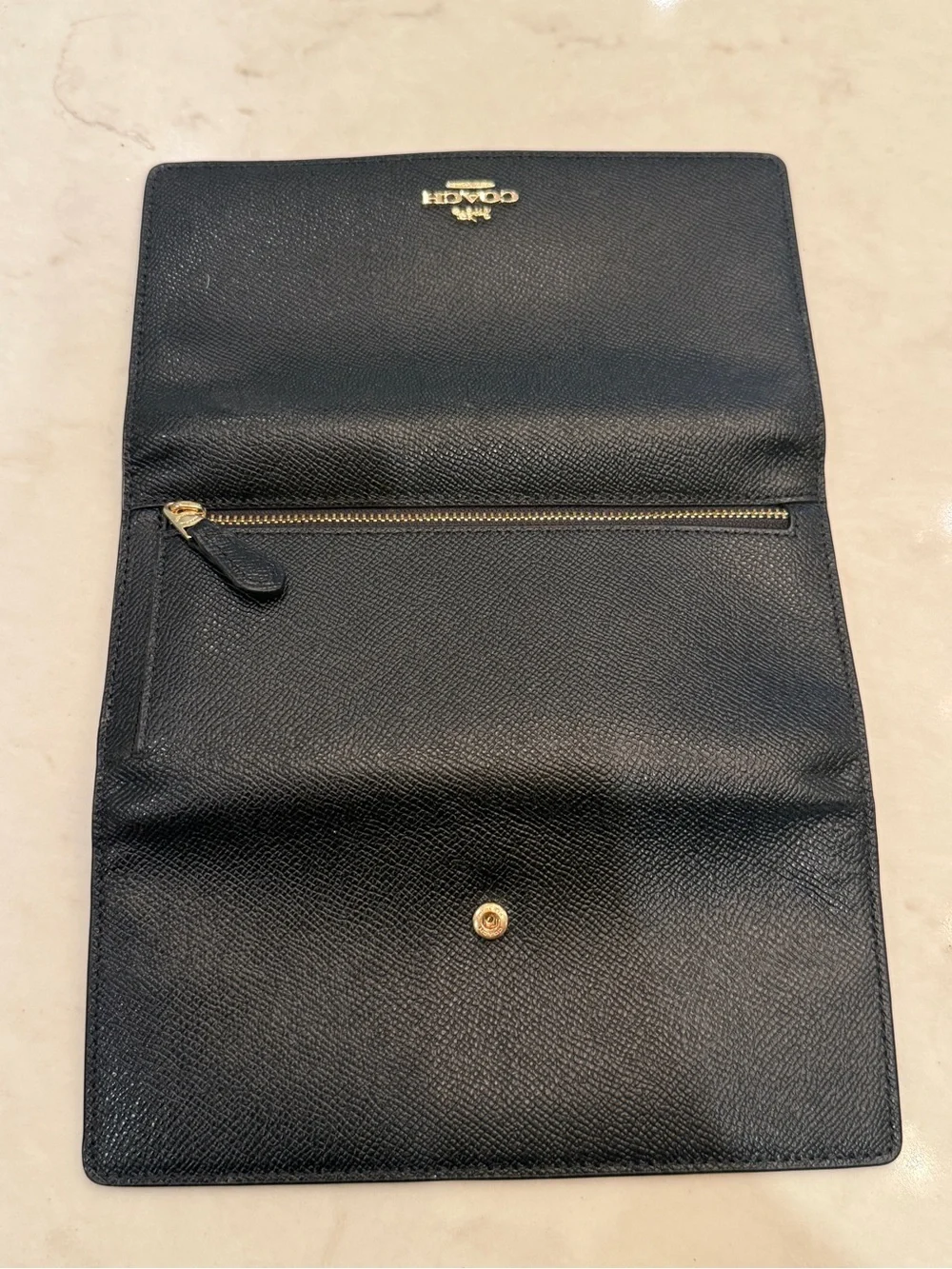 Coach Black Leather Clutch Wallet with Gold Accents